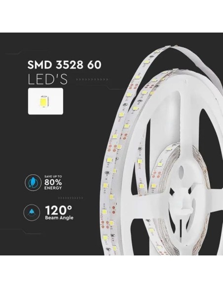 Tira led 12V, SMD3528, 4,2W/m, 60 leds/m, IP20, ancho 8mm - V-TAC VT-3528