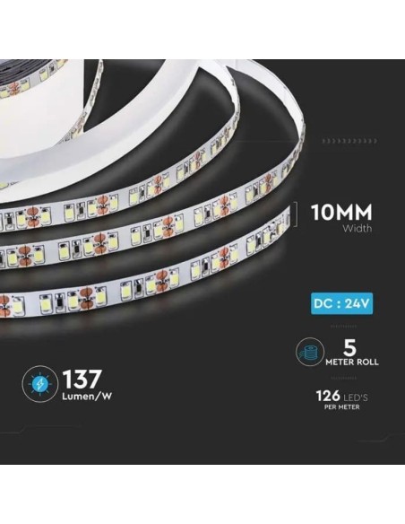 LED-strip 24V, SMD2835, 8W/m, 126 leds/m, IP20, breedte 10mm - V-TAC VT-2835