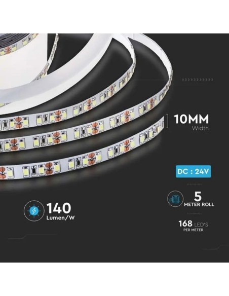 Strip led 24V, SMD2835, 12W/m, 168 led/m, IP20, larghezza 10mm - V-TAC VT-2835