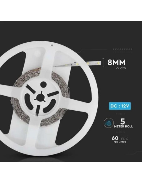 Led strip 12V, SMD3528, 4.2W/m, 60 leds/m, IP20, width 8mm - V-TAC VT-3528