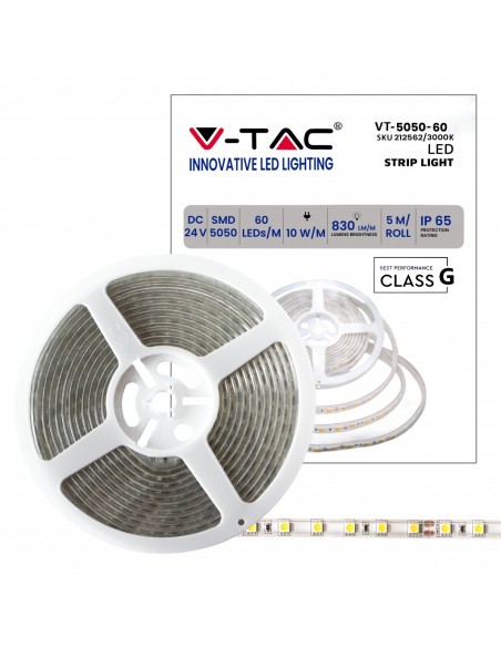 LED strip 24V, SMD5050, 10W/m, 60 leds/m, IP65, width 11mm - V-TAC VT-5050