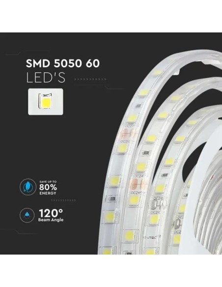 Tira LED 24V, SMD5050, 10W/m, 60 leds/m, IP65, ancho 11mm - V-TAC VT-5050