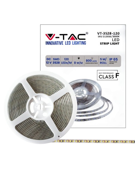 Strip led 12V, SMD3528, 8W/m, 120 led/m, IP65, larghezza 9mm - V-TAC VT-3528