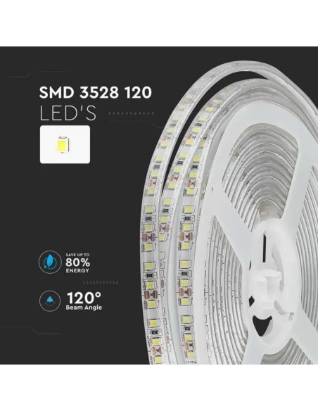 Tira led 12V, SMD3528, 8W/m, 120 leds/m, IP65, ancho 9mm - V-TAC VT-3528