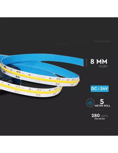 LED-strip 24V, COB, 10W/m, 280 leds/m, IP20, breedte 8mm - V-TAC VT-COB 280
