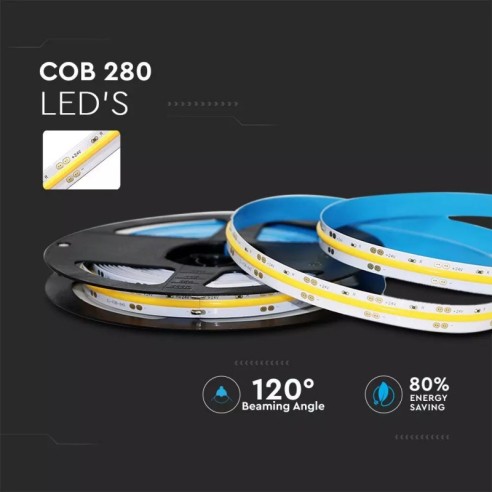 Tira LED 24V, COB, 10W/m, 280 leds/m,...