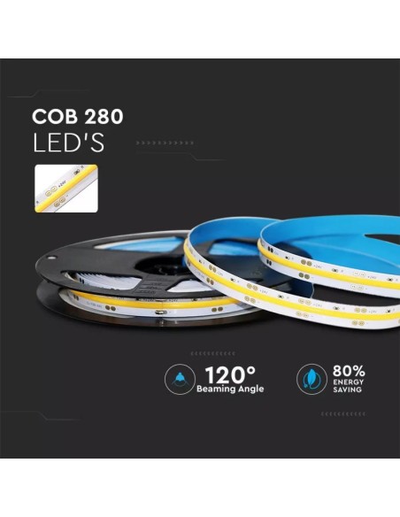 LED-strip 24V, COB, 10W/m, 280 leds/m, IP20, breedte 8mm - V-TAC VT-COB 280