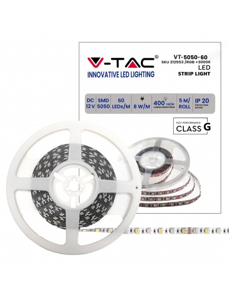 Tira led 12V, RGB y blanco SMD5050, 8W/m, 60 leds/m, IP20, ancho 10mm - V-TAC VT-5050
