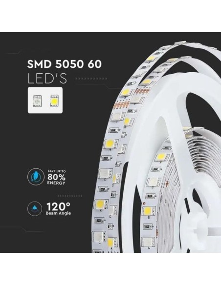 Strip led 12V, RGB e bianco  SMD5050, 8W/m, 60 led/m, IP20, larghezza 10mm - V-TAC VT-5050