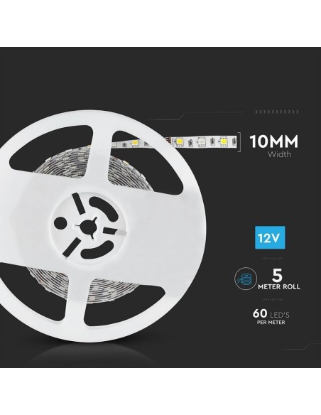 Bande LED 12V, RVB et blanc naturel 4000K, SMD5050, 8W/m, 60 leds/m, IP20, largeur 10mm - V-TAC VT-5050