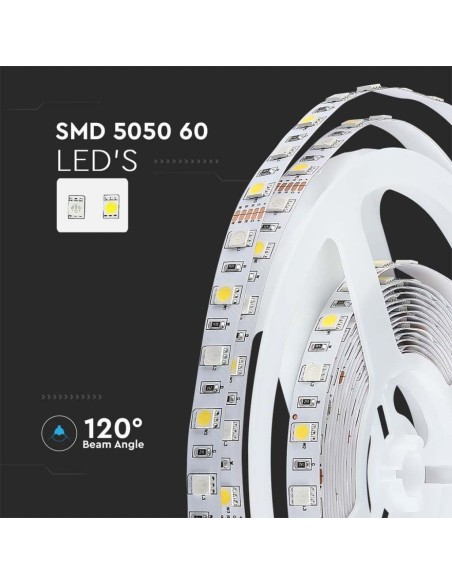 Bande LED 12V, RVB et blanc naturel 4000K, SMD5050, 8W/m, 60 leds/m, IP20, largeur 10mm - V-TAC VT-5050