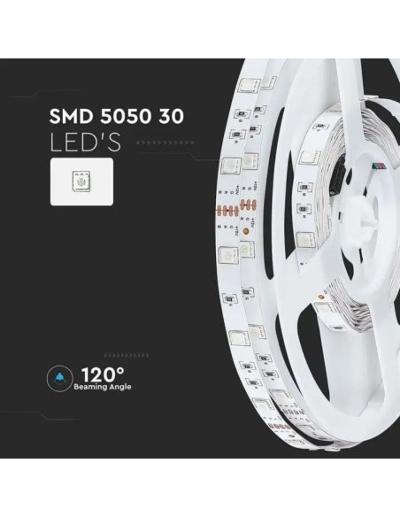 Tira led 12V, RGB, SMD5050, 4W/m, 30 leds/m, IP20, ancho 10mm - V-TAC VT-5050