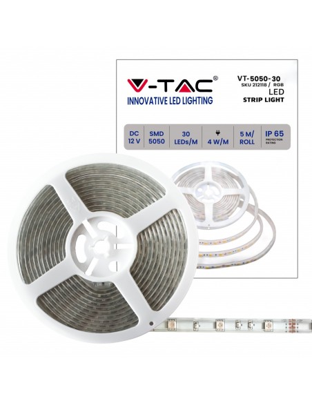 Led strip 12V, RGB, SMD5050, 4W/m, 30 leds/m, IP65, width 10mm - V-TAC VT-5050