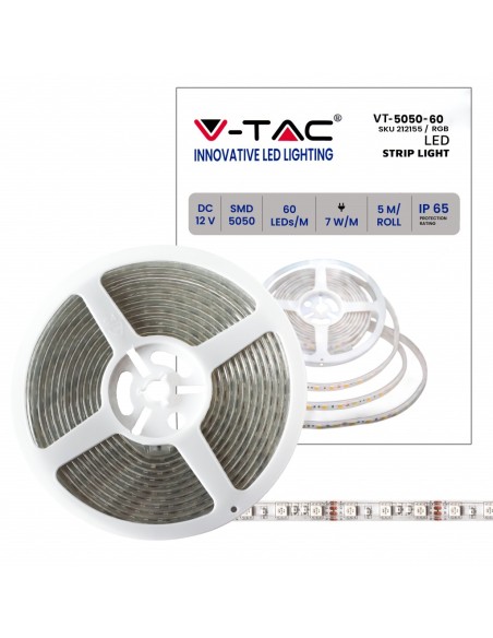 Bande LED 12V, RVB, SMD5050, 7W/m, 60 leds/m, IP65, largeur 10mm - V-TAC VT-5050