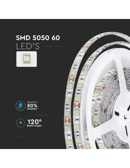 Bande LED 12V, RVB, SMD5050, 7W/m, 60 leds/m, IP65, largeur 10mm - V-TAC VT-5050