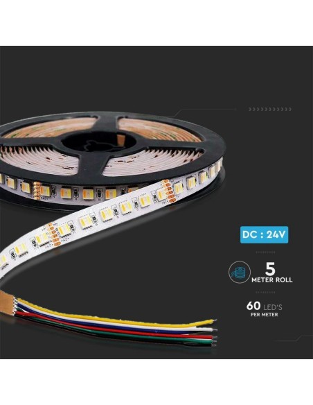 Led strip 24V, RGB + white, SMD5050, 24W/m, 60 leds/m, IP20, width 12mm - V-TAC VT-5050