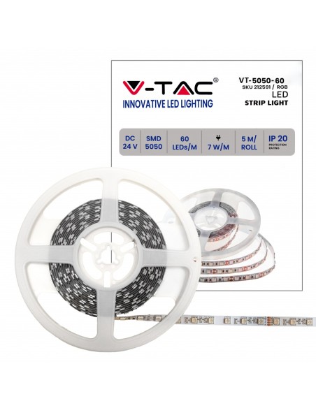 Led-Streifen 24V, RGB, SMD5050, 7W/m, 60 leds/m, IP20, Breite 10mm - V-TAC VT-5050