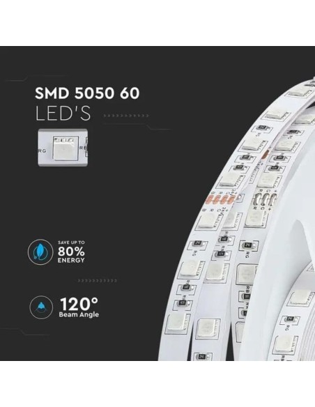 Led-Streifen 24V, RGB, SMD5050, 7W/m, 60 leds/m, IP20, Breite 10mm - V-TAC VT-5050