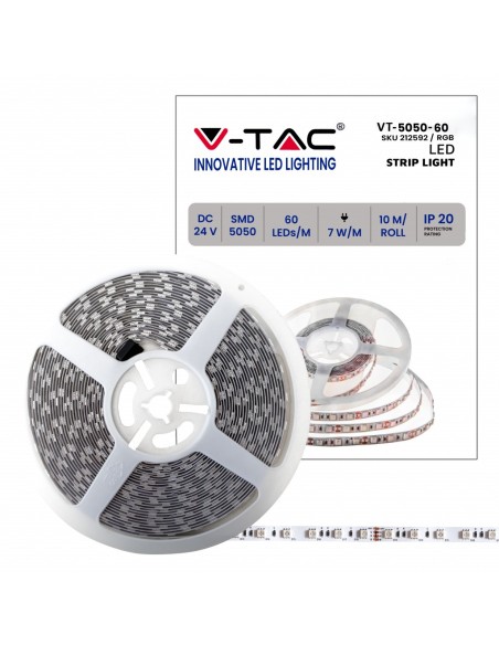 Tira led 24V, RGB, SMD5050, 7W/m, 60 leds/m, IP20, ancho 10mm - V-TAC VT-5050