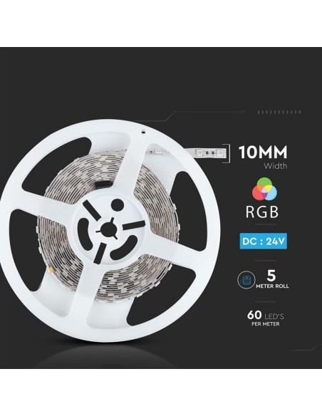 Led strip 24V, RGB, SMD5050, 7W/m, 60 leds/m, IP20, width 10mm - V-TAC VT-5050