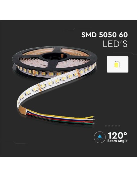  Strip led 24V, RGB e bianco, SMD5050, 24W/m, 60 led/m, IP65, larghezza 12mm - V-TAC VT-5050