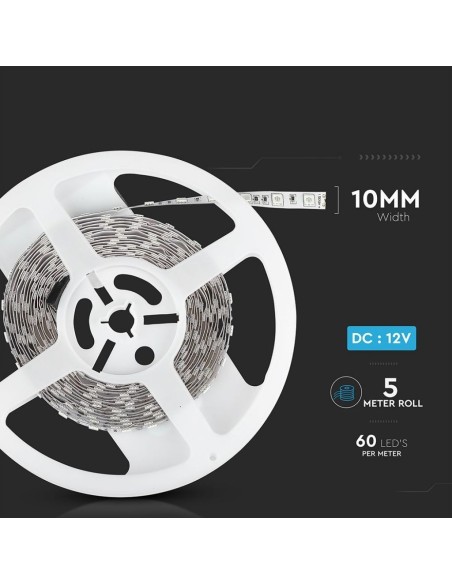 Tira de leds 12V, blanco cálido 2200K, SMD5050, 10,8W/m, 60 leds/m, IP20, ancho 10mm - V-TAC VT-5050