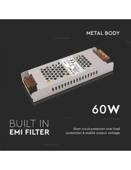 Schaltnetzteil im Metallgehäuse, 60W, AC 100-240V, DC 12V 5A, schmal, IP20 - V-TAC 2682 VT-21061