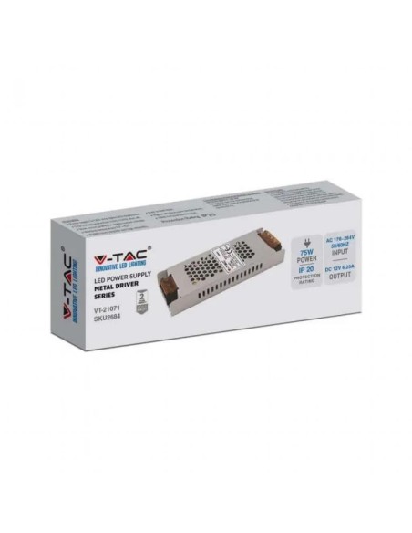 Schaltnetzteil im Metallgehäuse, 75W, AC 176-264V, DC 12V 6,25A, schmal, IP20 - V-TAC 2684 VT-21071