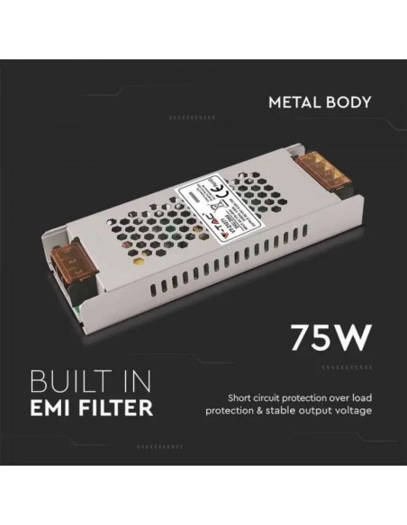 Fuente de alimentación conmutada en carcasa metálica, 75 W, CA 176-264 V, CC 12 V 6,25 A, delgada, IP20 - V-TAC 2684 VT-21071