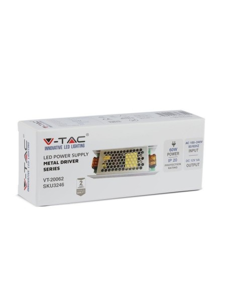 Schakelende voeding in metalen behuizing, 60W, AC 85-265V, DC 12V 5A, IP20 - V-TAC 3246 VT-20062