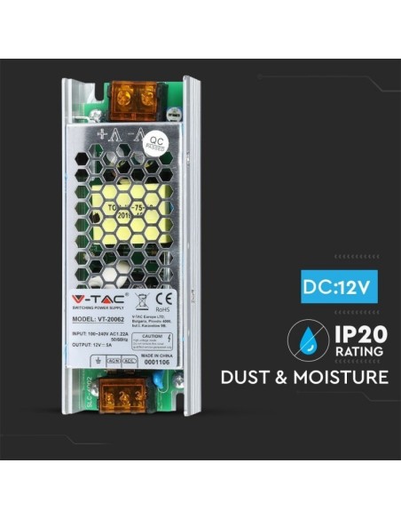 Switching power supply in metal housing, 60W, AC 85-265V, DC 12V 5A, IP20 - V-TAC 3246 VT-20062