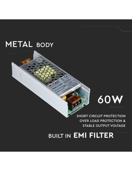 Alimentation à découpage en boîtier métallique, 60W, AC 85-265V, DC 12V 5A, IP20 - V-TAC 3246 VT-20062