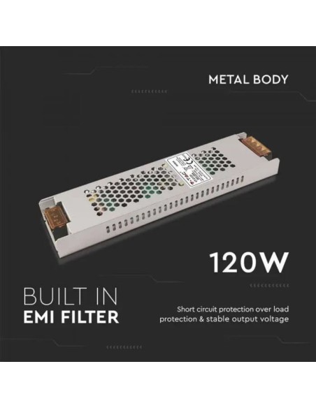 Fuente de alimentación conmutada en caja metálica, 120W, AC 176-264V, DC 12V 10A, delgada, IP20 - V-TAC 2686 VT-21121