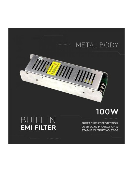 Alimentation à découpage en boîtier métallique, 100W, AC 200-240V, DC 12V 8.5A, IP20, dimmable - V-TAC 3256 VT-20101D