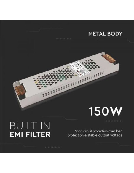 Alimentation à découpage en boîtier métallique, 150W, AC 176-264V, DC 12V 12.5A, slim, IP20 - V-TAC 2688 VT-21152