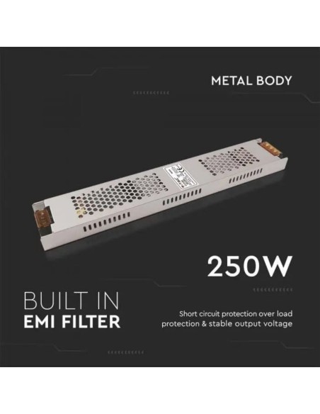 Schakelende voeding in metalen behuizing, 250W, AC 176-264V, DC 12V 20,8A, slank, IP20 - V-TAC 2690 VT-21252
