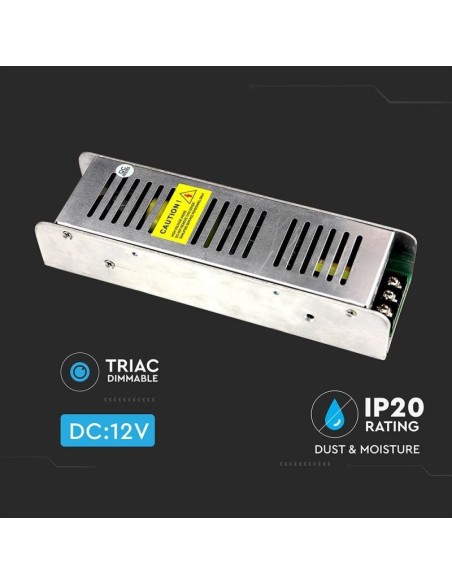 Switching power supply in metal housing, 150W, AC 200-240V, DC 12V 12.5A, IP20, dimmable - V-TAC 3257 VT-20154D