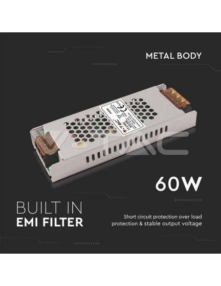 Alimentation à découpage en boîtier métallique, 60W, AC 100-240V, DC 24V 2.5A, slim, IP20 - V-TAC 2683 VT-21062