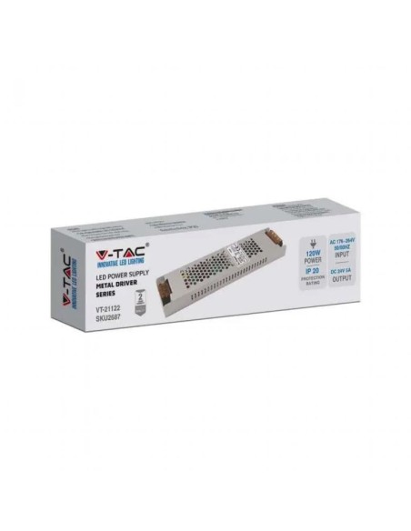 Switching power supply in metal case, 120W, AC 176-264V, DC 24V 5A, slim, IP20 - V-TAC 2687 VT-21122