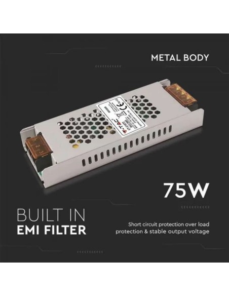 Switching power supply in metal housing, 75W, AC 176-264V, DC 24V 3.15A, slim, IP20 - V-TAC 2685 VT-21072