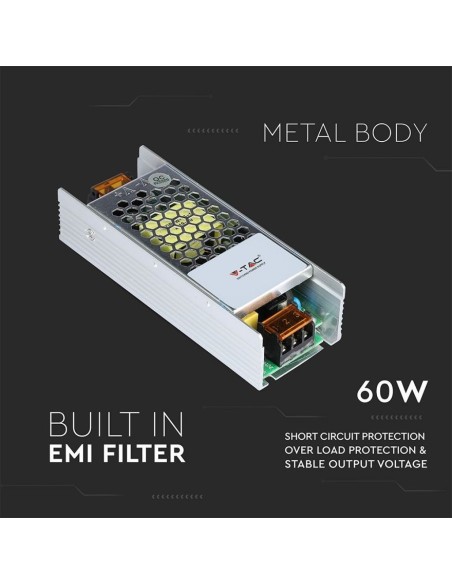 Alimentatore switching in contenitore metallico, 60W, AC 100-240V, DC 24V 2,5A, IP20 - V-TAC 3261 VT-24061