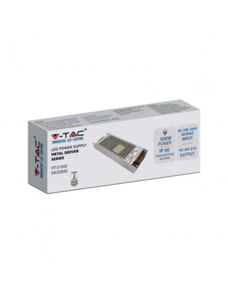 Alimentation à découpage en boîtier métallique, 500W, AC 176-264V, DC 24V 21A, slim, IP20 - V-TAC 2695 VT-21502