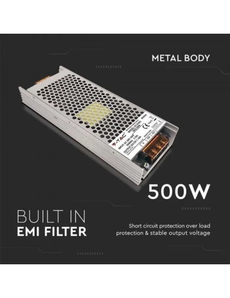 Schakelende voeding in metalen behuizing, 500W, AC 176-264V, DC 12V 42A, slank, IP20 - V-TAC 2694 VT-21501