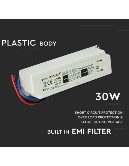 Schaltnetzteil, 30W, AC 100-240V, DC 12V 2.5A, IP67 - V-TAC 3271 VT-21030