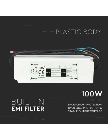Fuente de alimentación conmutada, 100 W, CA 100-240 V, CC 12 V 8 A, IP67 - V-TAC 3251 VT-22105
