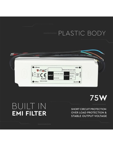 Switching power supply, 75W, AC 100-240V, DC 12V 6A, IP67 - V-TAC 3235 VT-22075