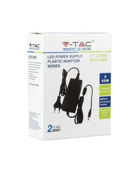Switching power supply 24Vdc 2.5A, plug 5.5x2.1mm - V-TAC 3264 VT-25060