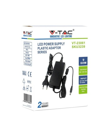 Bloc d'alimentation à découpage 12Vdc 5A, fiche 5.5x2.1mm - V-TAC 3239 VT-23061