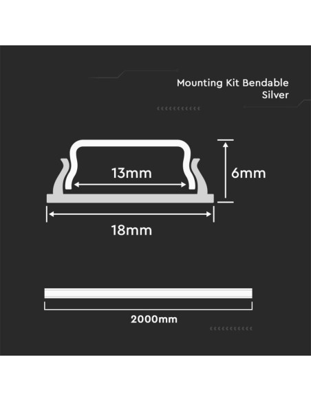 Profilé flexible en aluminium pour bandes LED, blanc, 2000x18x6mm, linéaire, revêtement satiné - V-TAC 2909 VT-8138