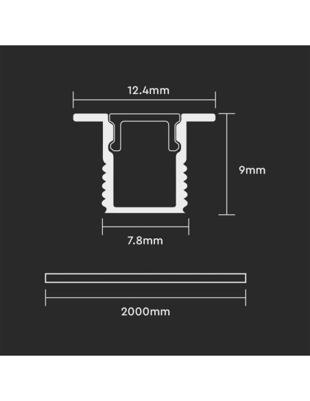 Perfil empotrable de aluminio para tiras LED, gris, 2000x12,4x9mm, lineal, cubierta satinada - V-TAC 2904 VT-8110